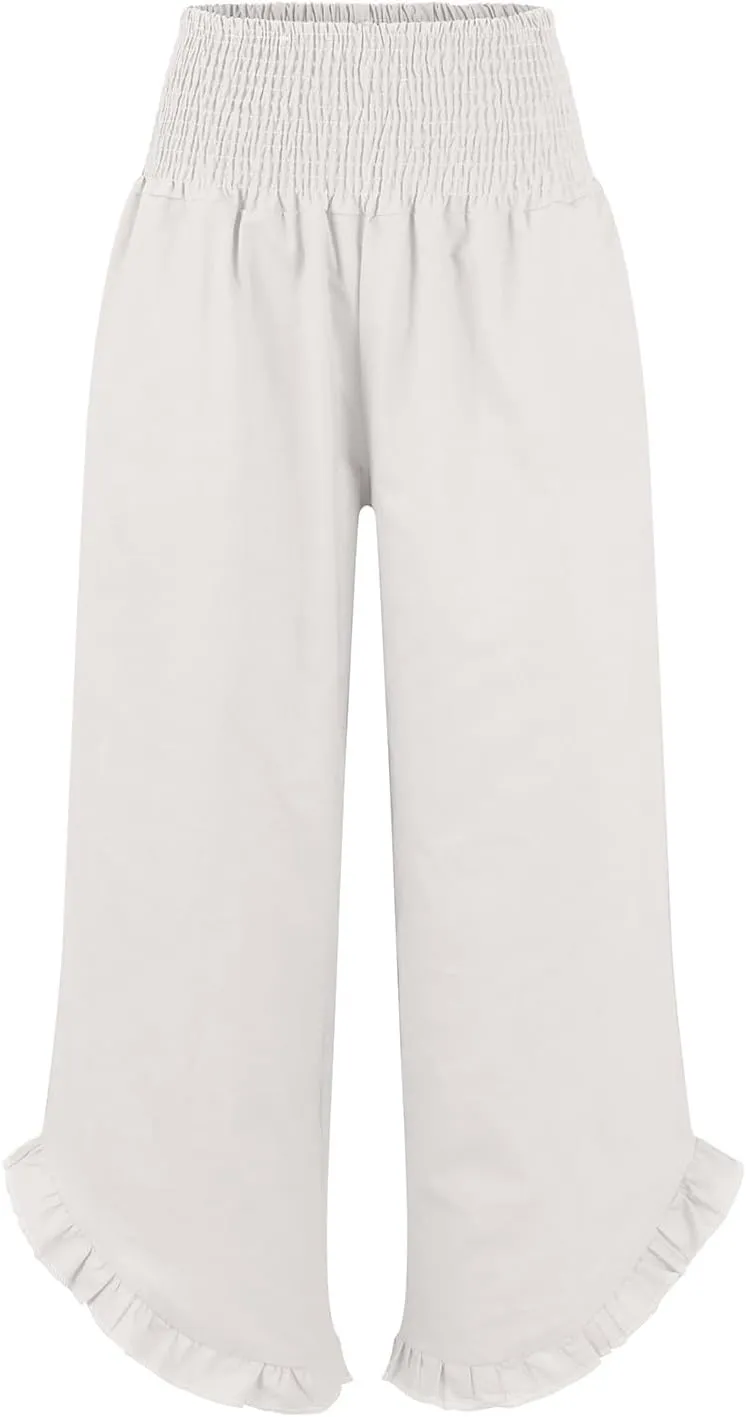Wide Leg Linen Pants Women Flowy Smocked High Waisted Palazzo Pants Trousers Lounge Beach Pants with Pockets
