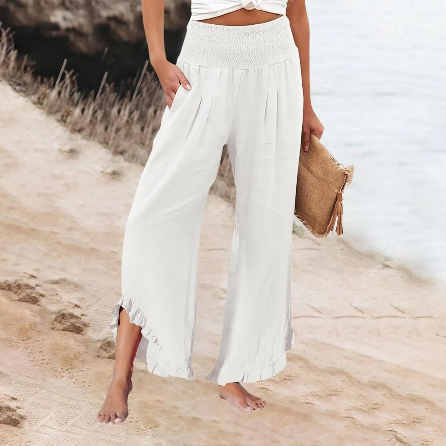 Wide Leg Linen Pants Women Flowy Smocked High Waisted Palazzo Pants Trousers Lounge Beach Pants with Pockets