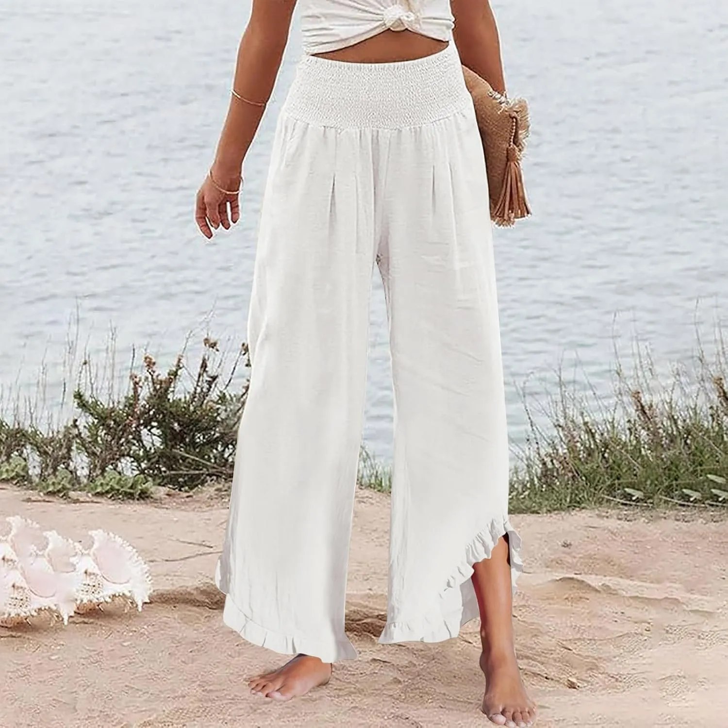 Wide Leg Linen Pants Women Flowy Smocked High Waisted Palazzo Pants Trousers Lounge Beach Pants with Pockets