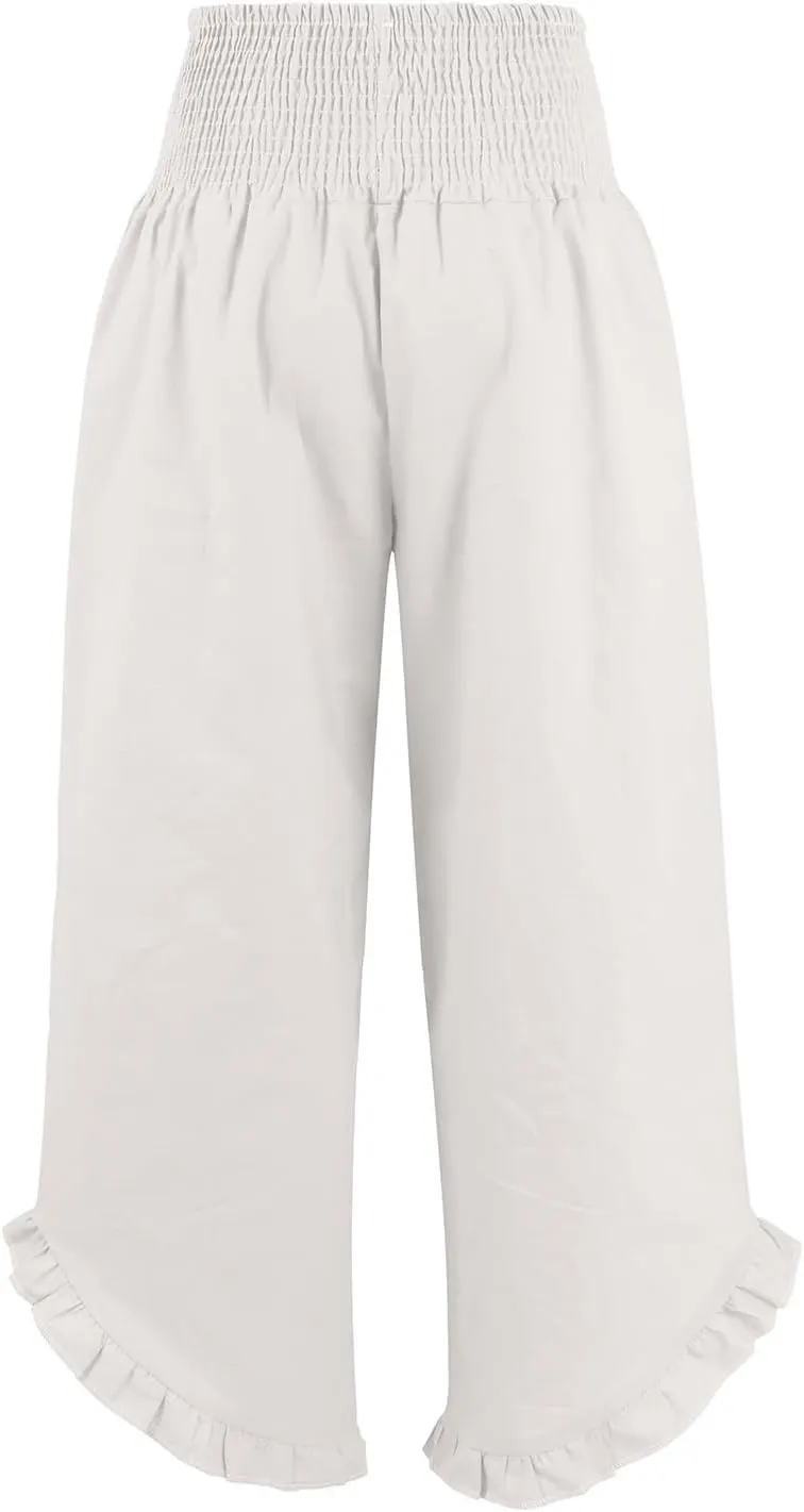 Wide Leg Linen Pants Women Flowy Smocked High Waisted Palazzo Pants Trousers Lounge Beach Pants with Pockets