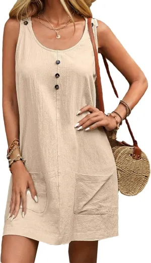 Women Summer A Line Midi Dress Sleeveless Beach Skater Tank Sundress Linen Crewneck Loose Casual Mini Dresses Pockets