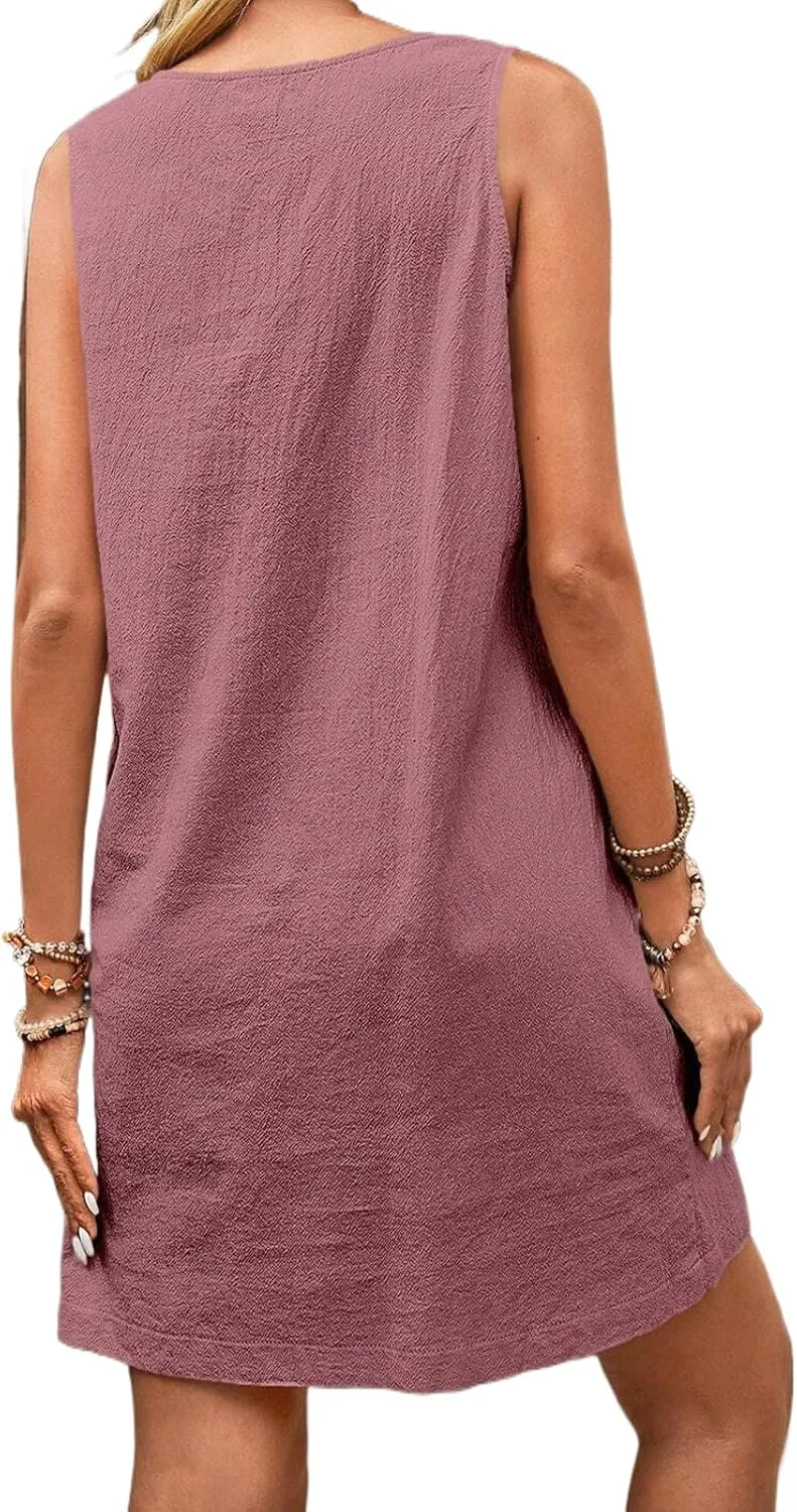 Women Summer A Line Midi Dress Sleeveless Beach Skater Tank Sundress Linen Crewneck Loose Casual Mini Dresses Pockets