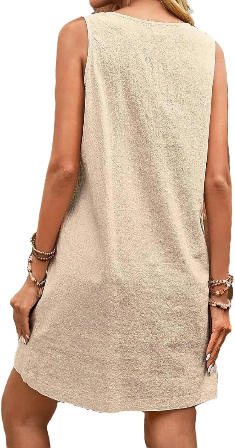 Women Summer A Line Midi Dress Sleeveless Beach Skater Tank Sundress Linen Crewneck Loose Casual Mini Dresses Pockets
