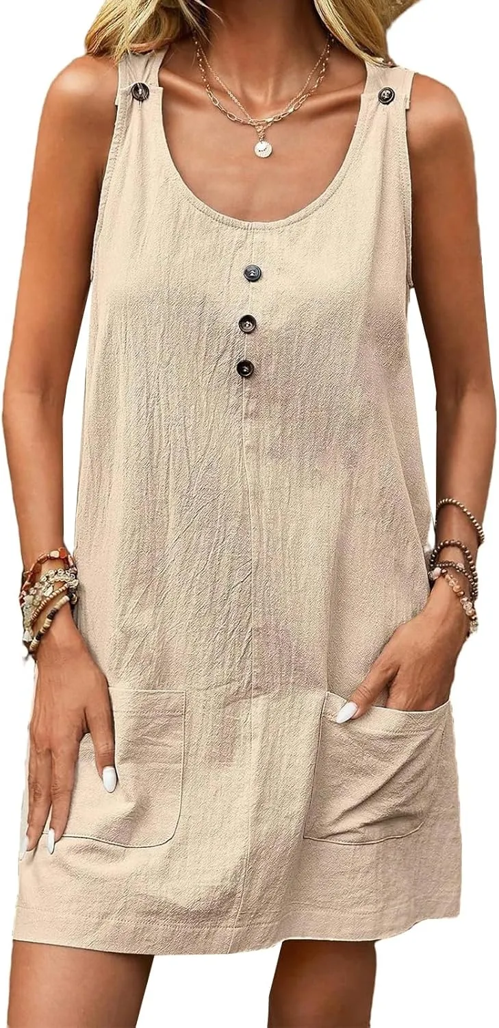 Women Summer A Line Midi Dress Sleeveless Beach Skater Tank Sundress Linen Crewneck Loose Casual Mini Dresses Pockets