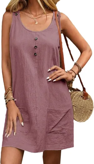 Women Summer A Line Midi Dress Sleeveless Beach Skater Tank Sundress Linen Crewneck Loose Casual Mini Dresses Pockets