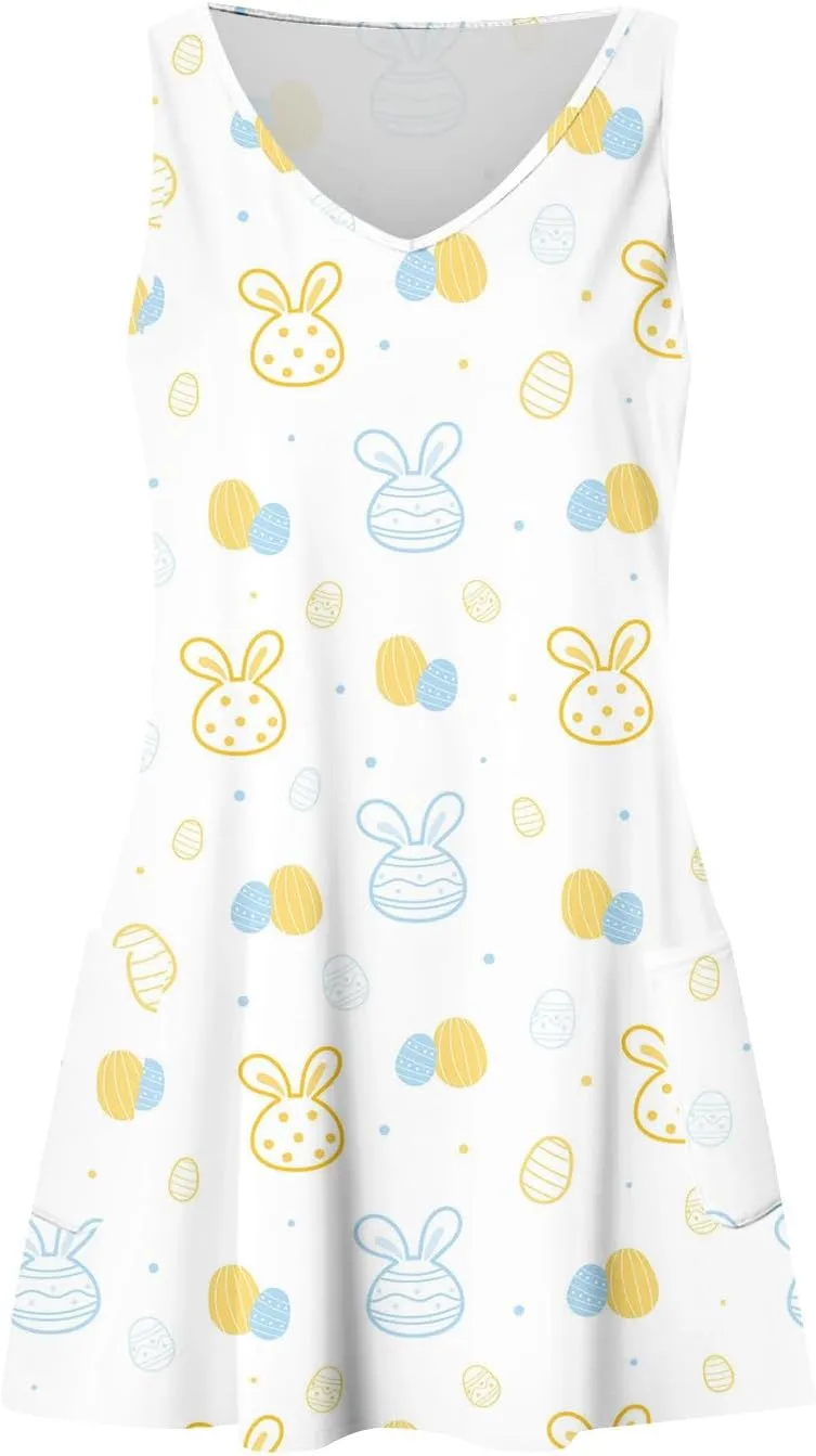 Women Summer Dresses Beach Printed Dress with Pocket Vacation Sleeveless Swimsuit Coverup V Neck Casual Sundress