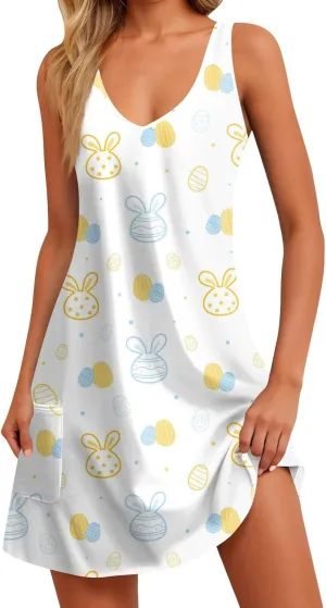 Women Summer Dresses Beach Printed Dress with Pocket Vacation Sleeveless Swimsuit Coverup V Neck Casual Sundress