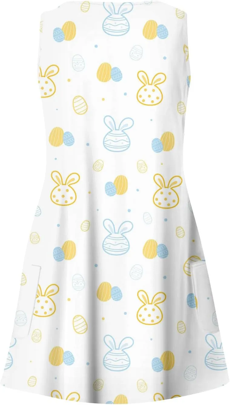 Women Summer Dresses Beach Printed Dress with Pocket Vacation Sleeveless Swimsuit Coverup V Neck Casual Sundress