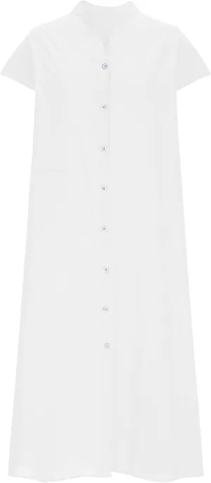 Women Summer Short Sleeve Cotton Linen Dress Solid Color Button Down Shirt Dress Casual Maxi Dresses with Pockets