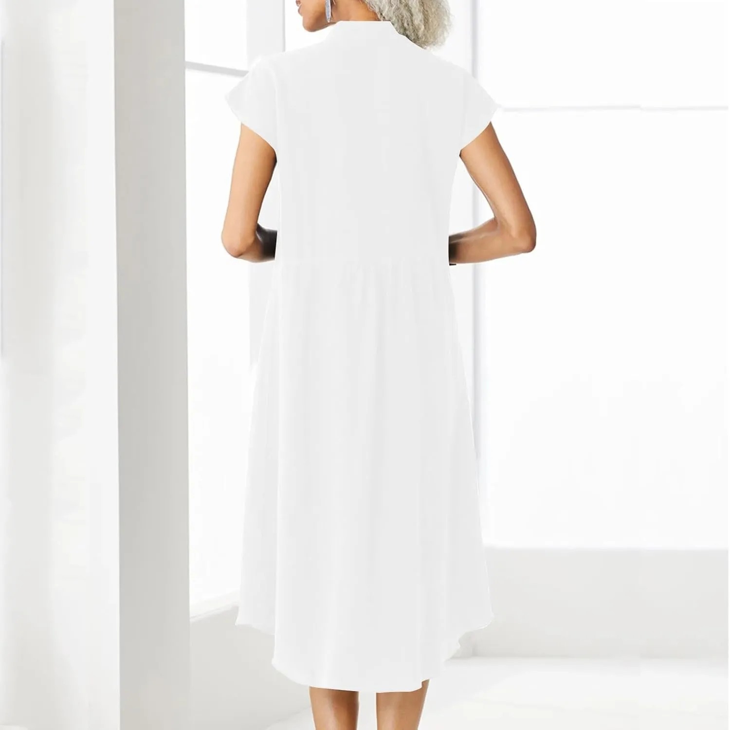 Women Summer Short Sleeve Cotton Linen Dress Solid Color Button Down Shirt Dress Casual Maxi Dresses with Pockets