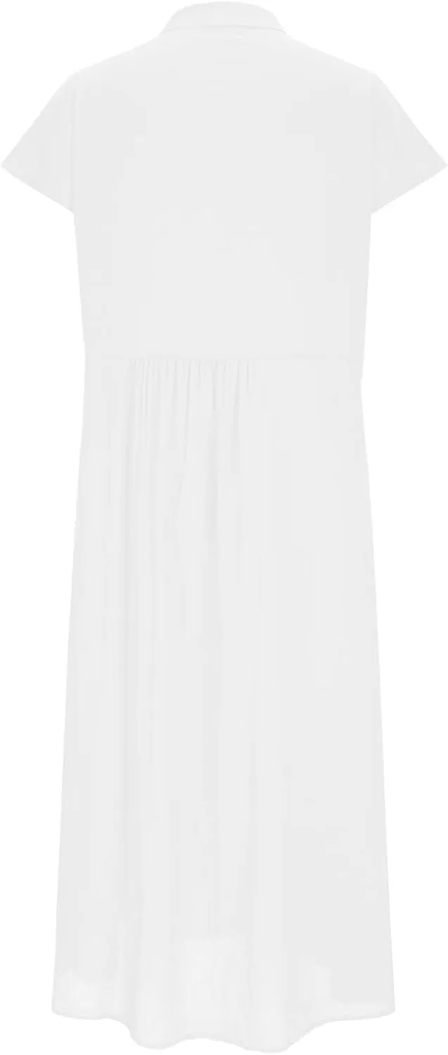 Women Summer Short Sleeve Cotton Linen Dress Solid Color Button Down Shirt Dress Casual Maxi Dresses with Pockets