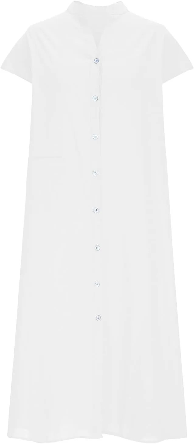 Women Summer Short Sleeve Cotton Linen Dress Solid Color Button Down Shirt Dress Casual Maxi Dresses with Pockets