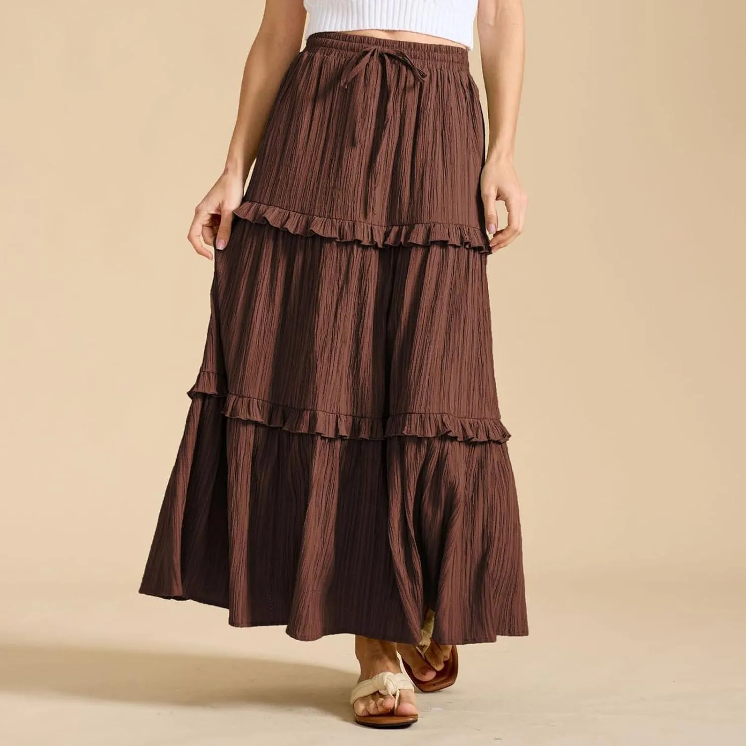Women's Boho Maxi Skirts Summer A Line Long Skirts Ruffle Swing Beach Skirts Drawstring Elastic Wiast Solid Tiered Skirt