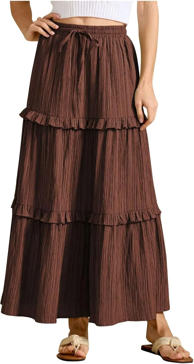 Women's Boho Maxi Skirts Summer A Line Long Skirts Ruffle Swing Beach Skirts Drawstring Elastic Wiast Solid Tiered Skirt