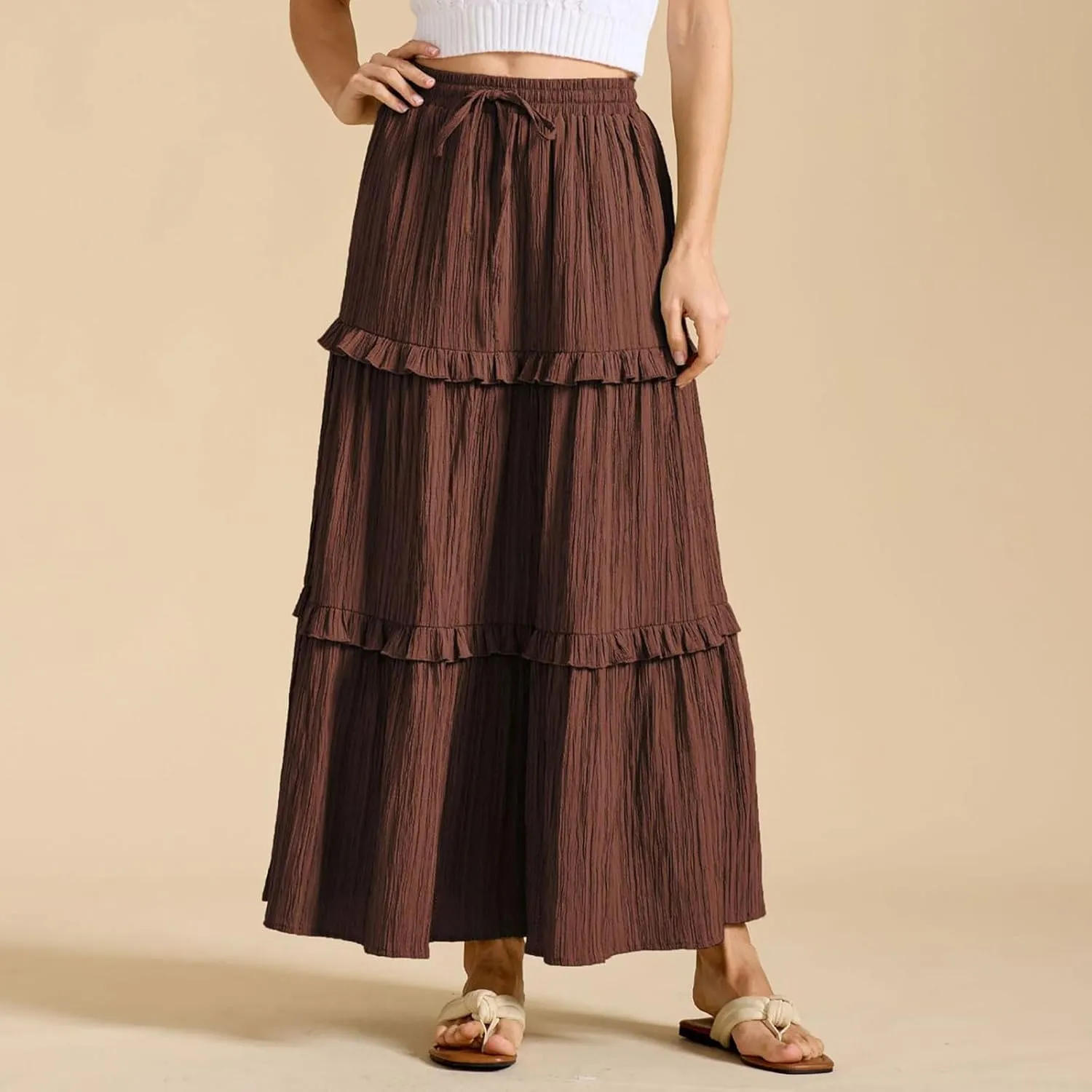 Women's Boho Maxi Skirts Summer A Line Long Skirts Ruffle Swing Beach Skirts Drawstring Elastic Wiast Solid Tiered Skirt