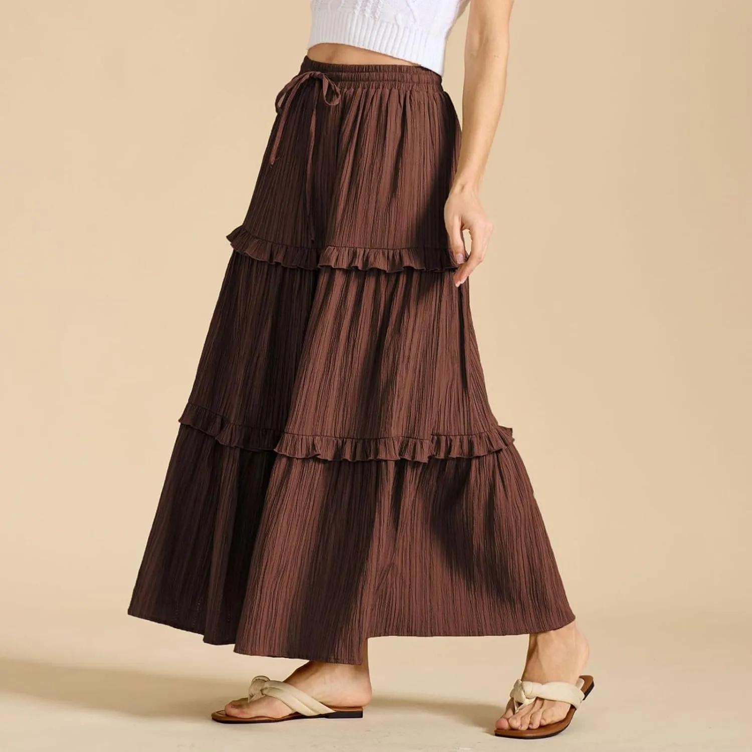 Women's Boho Maxi Skirts Summer A Line Long Skirts Ruffle Swing Beach Skirts Drawstring Elastic Wiast Solid Tiered Skirt