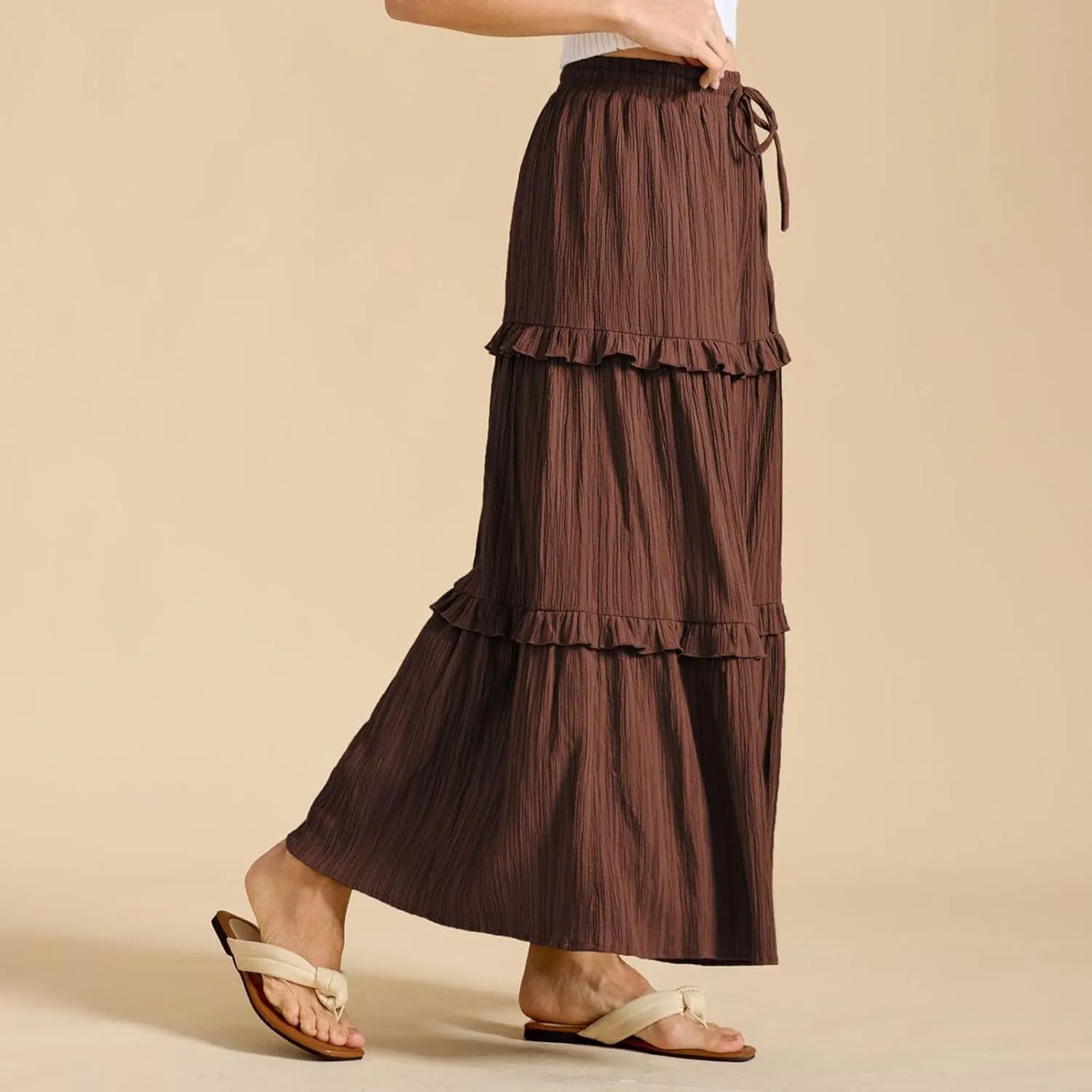 Women's Boho Maxi Skirts Summer A Line Long Skirts Ruffle Swing Beach Skirts Drawstring Elastic Wiast Solid Tiered Skirt