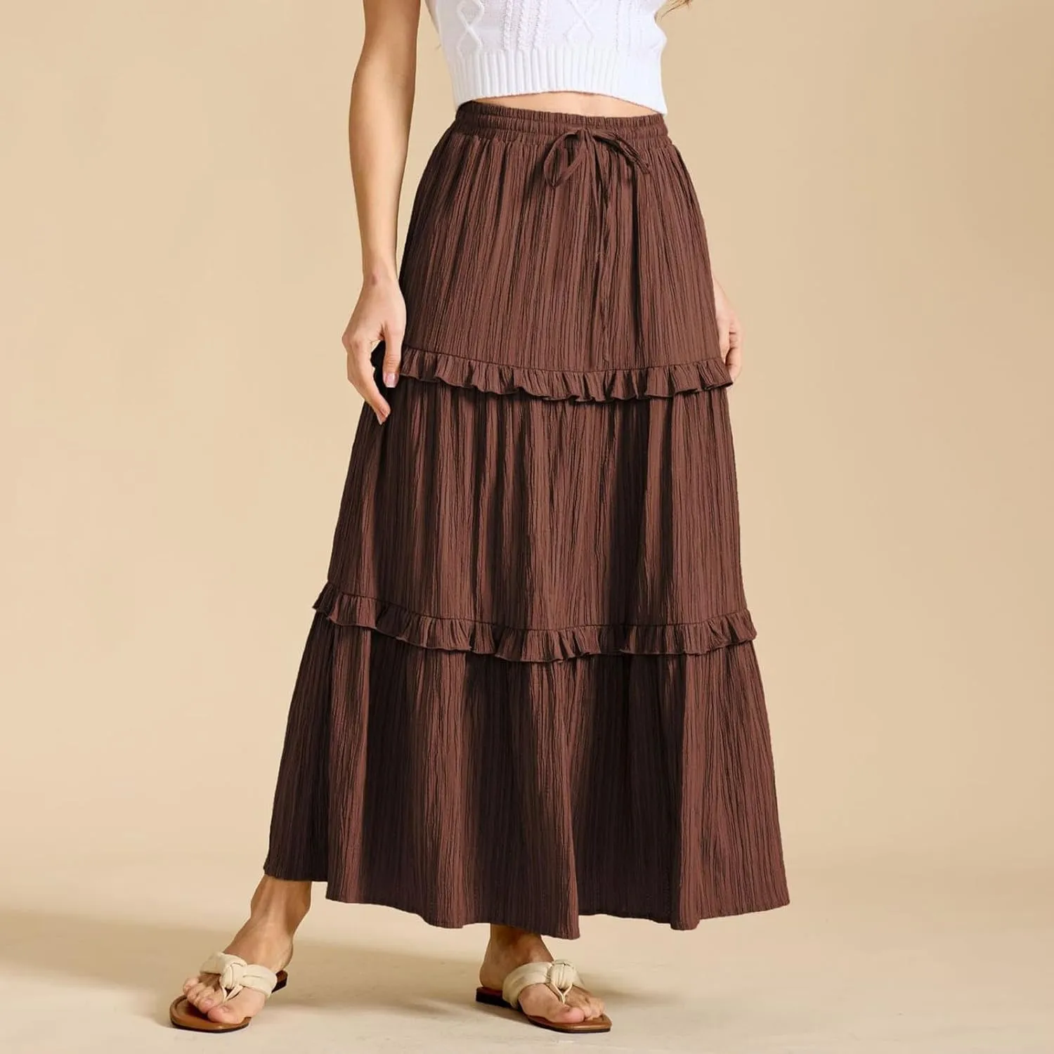 Women's Boho Maxi Skirts Summer A Line Long Skirts Ruffle Swing Beach Skirts Drawstring Elastic Wiast Solid Tiered Skirt