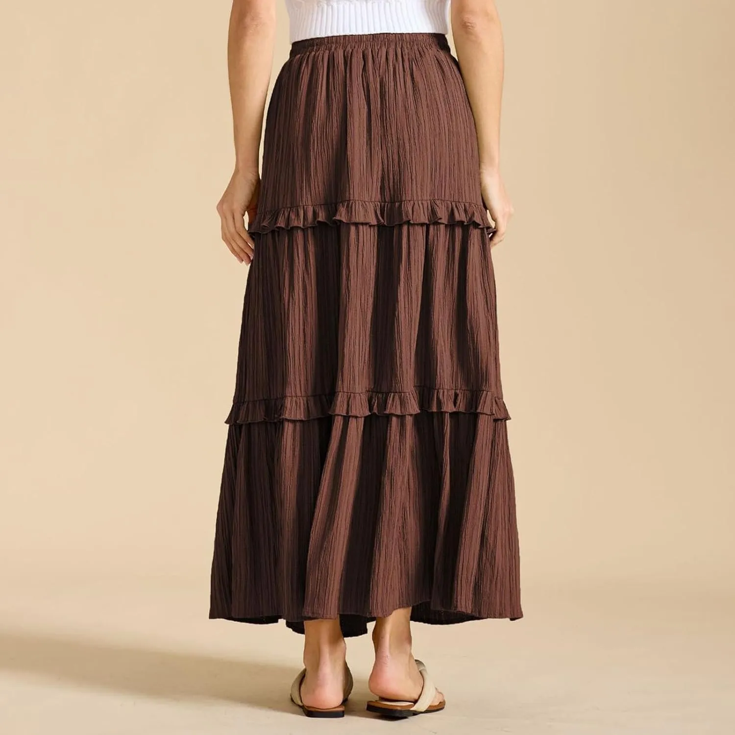 Women's Boho Maxi Skirts Summer A Line Long Skirts Ruffle Swing Beach Skirts Drawstring Elastic Wiast Solid Tiered Skirt