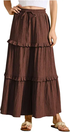 Women's Boho Maxi Skirts Summer A Line Long Skirts Ruffle Swing Beach Skirts Drawstring Elastic Wiast Solid Tiered Skirt