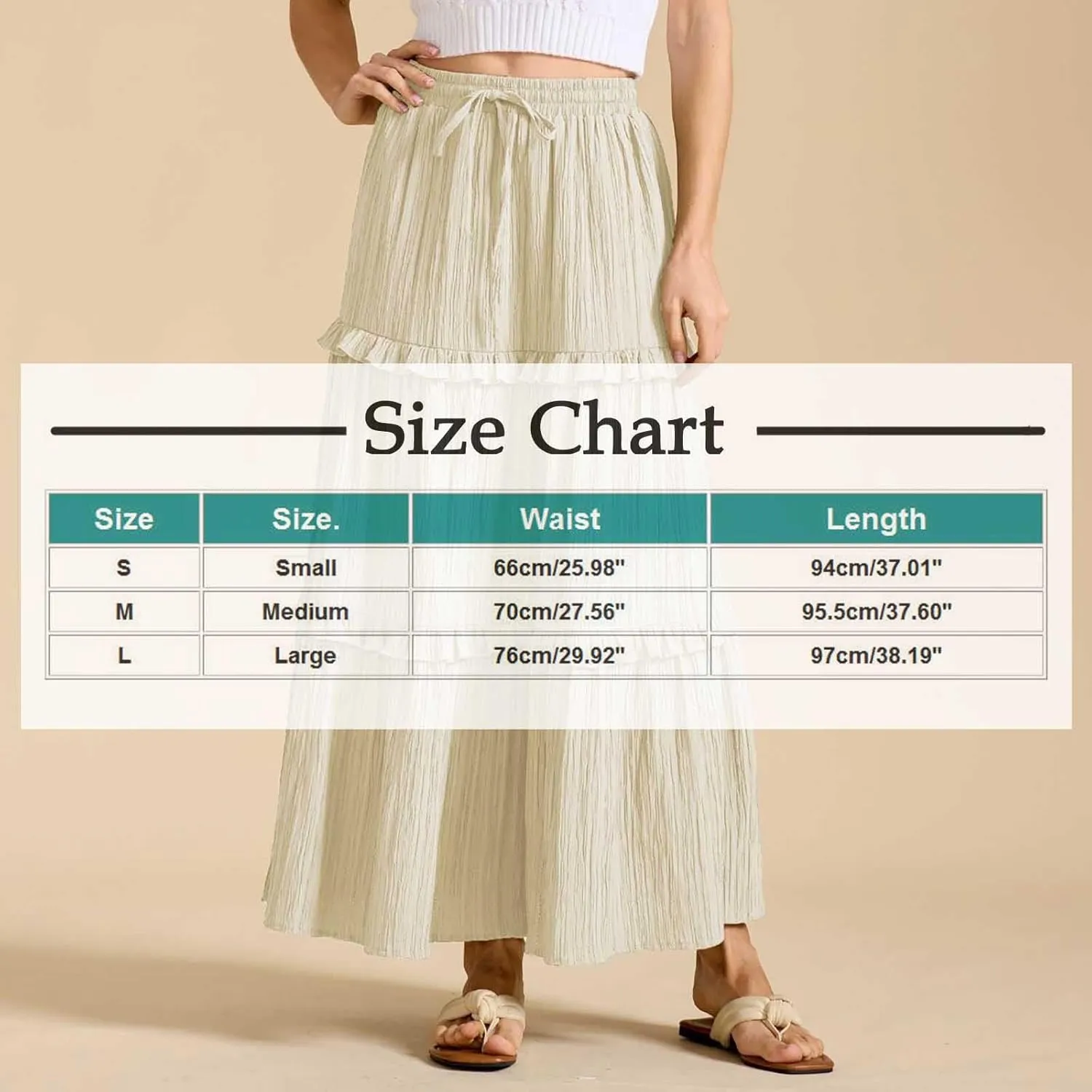 Women's Boho Maxi Skirts Summer A Line Long Skirts Ruffle Swing Beach Skirts Drawstring Elastic Wiast Solid Tiered Skirt