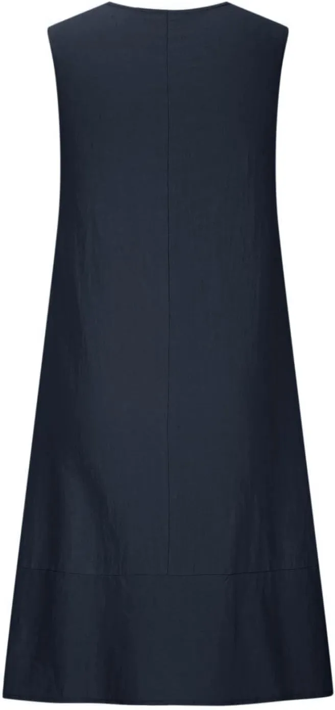 Women's Casual Linen Tunic Dress Mini Boho Sleeveless Summer Swing Beach Round Neck Tank T-Shirt Dresses with Pocket