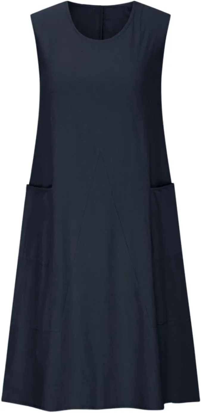 Women's Casual Linen Tunic Dress Mini Boho Sleeveless Summer Swing Beach Round Neck Tank T-Shirt Dresses with Pocket