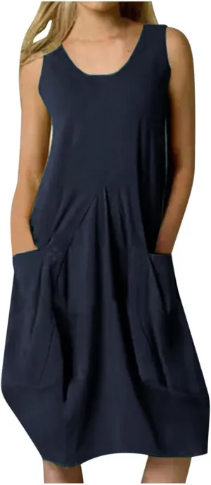 Women's Casual Linen Tunic Dress Mini Boho Sleeveless Summer Swing Beach Round Neck Tank T-Shirt Dresses with Pocket