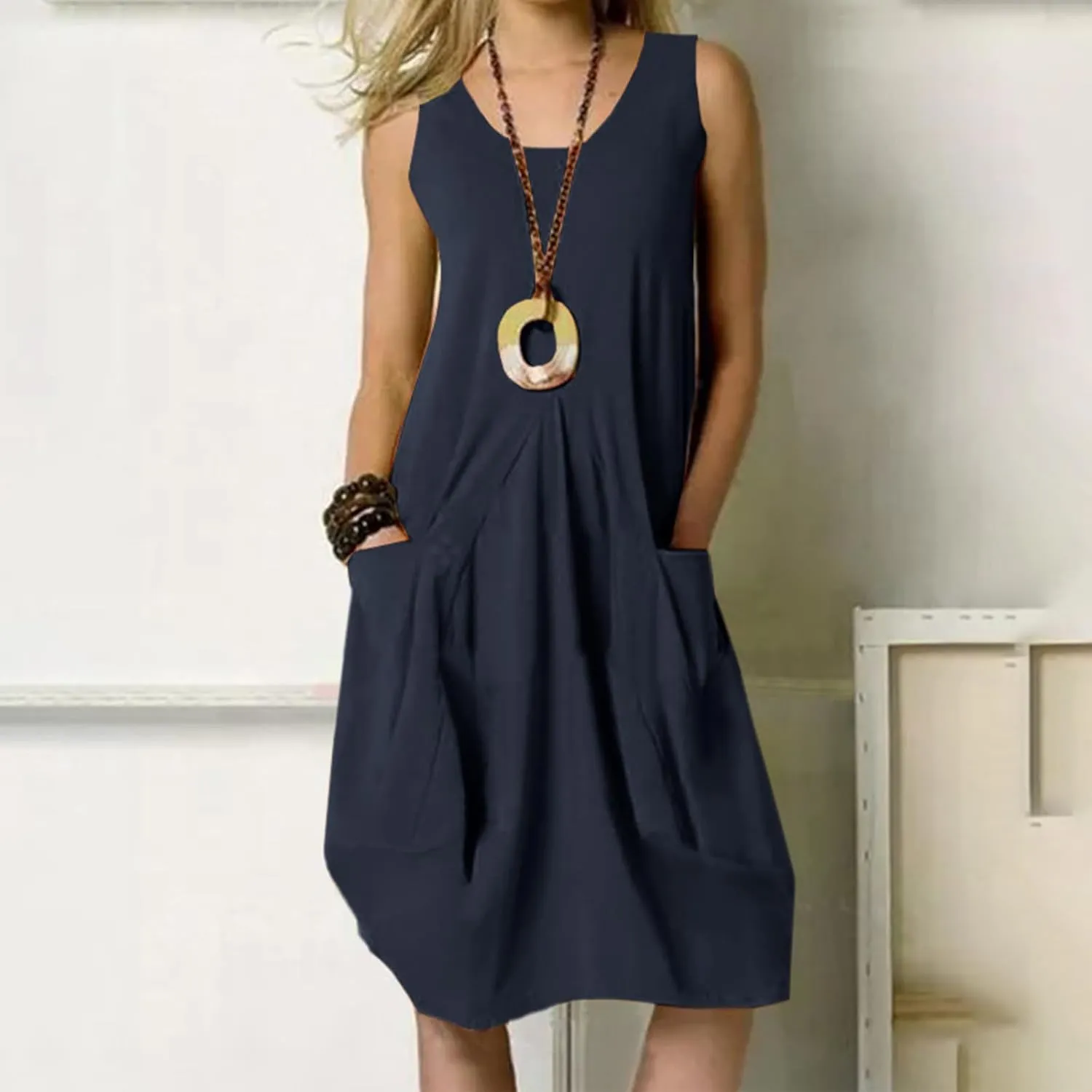 Women's Casual Linen Tunic Dress Mini Boho Sleeveless Summer Swing Beach Round Neck Tank T-Shirt Dresses with Pocket