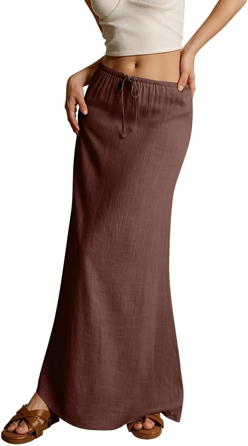 Womens Linen Skirt Cotton Linen Maxi Summer Comfy Drawstring Low Waist Spring Midi Skirt Flowy Vacation Bohemian