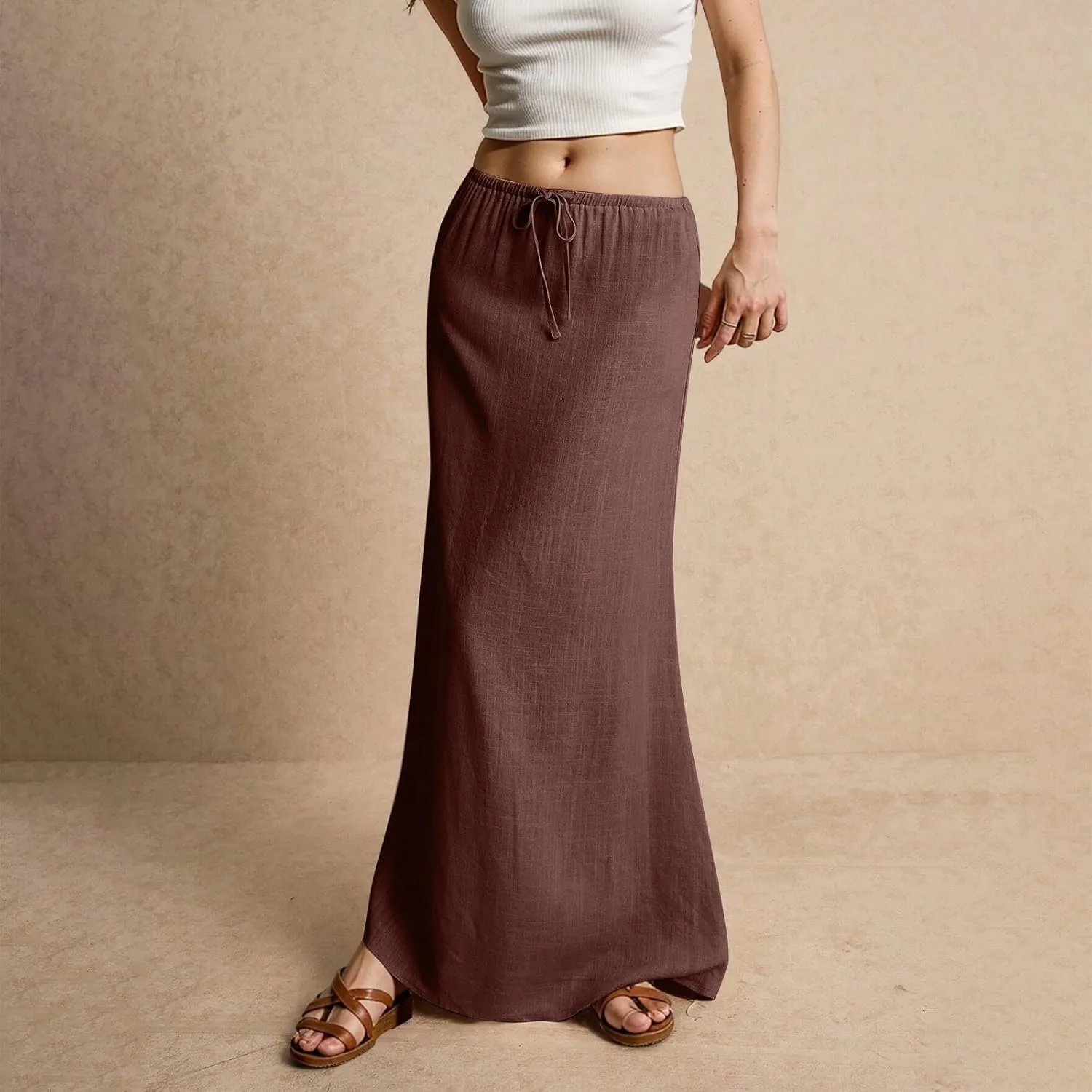 Womens Linen Skirt Cotton Linen Maxi Summer Comfy Drawstring Low Waist Spring Midi Skirt Flowy Vacation Bohemian