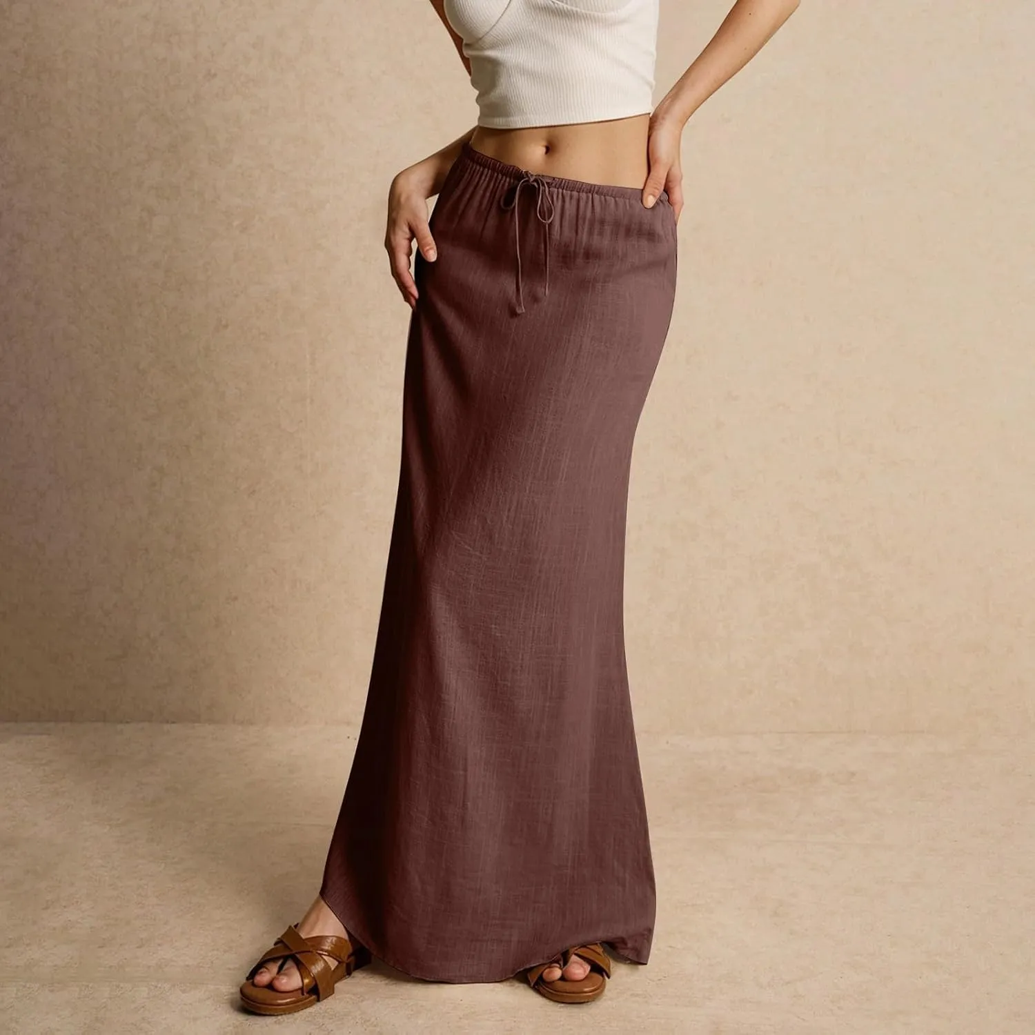 Womens Linen Skirt Cotton Linen Maxi Summer Comfy Drawstring Low Waist Spring Midi Skirt Flowy Vacation Bohemian