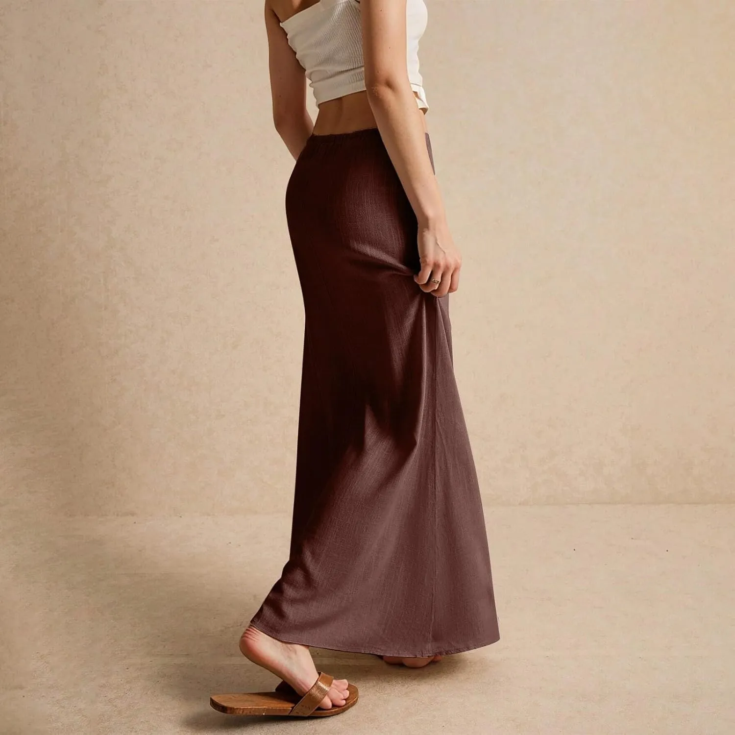 Womens Linen Skirt Cotton Linen Maxi Summer Comfy Drawstring Low Waist Spring Midi Skirt Flowy Vacation Bohemian