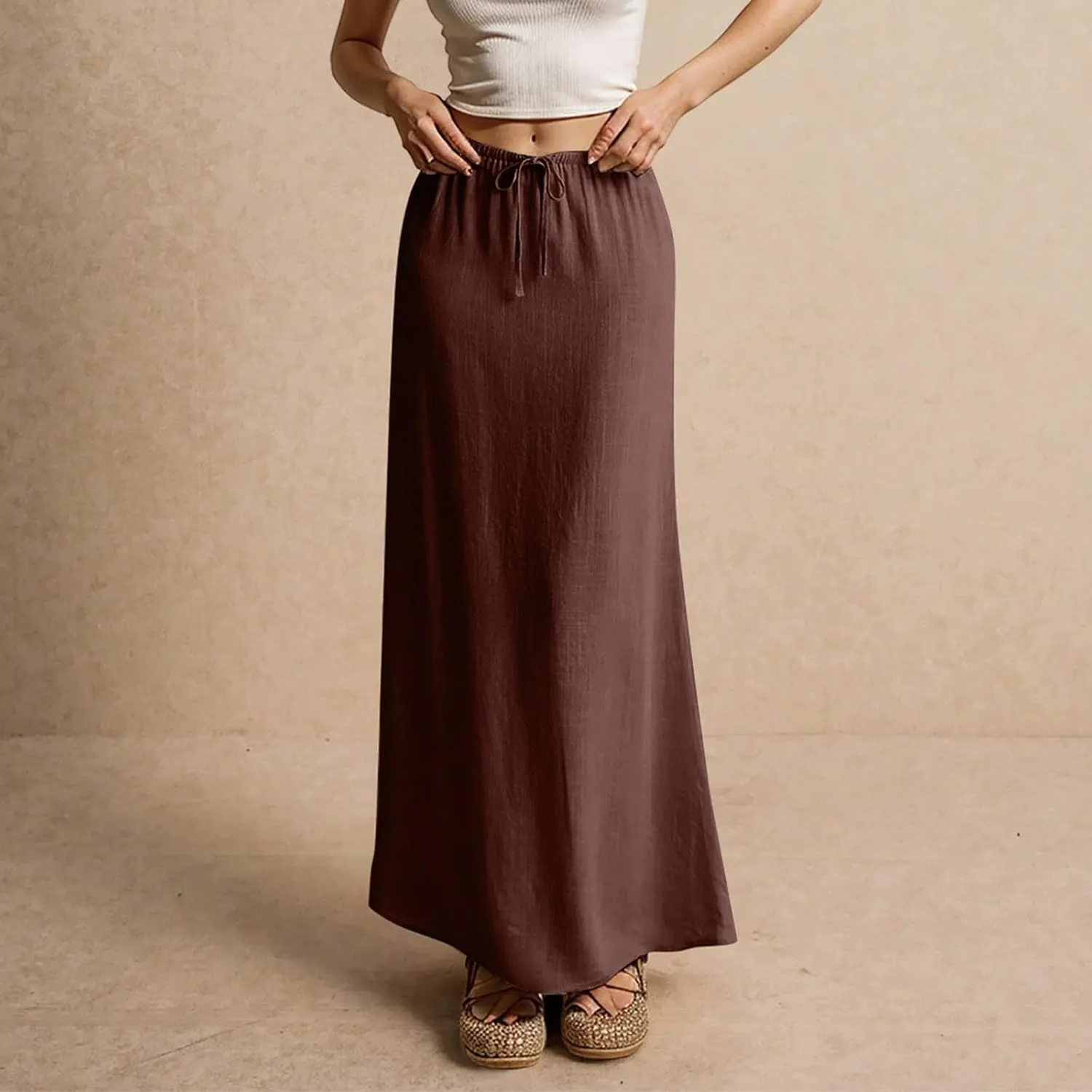 Womens Linen Skirt Cotton Linen Maxi Summer Comfy Drawstring Low Waist Spring Midi Skirt Flowy Vacation Bohemian