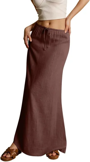 Womens Linen Skirt Cotton Linen Maxi Summer Comfy Drawstring Low Waist Spring Midi Skirt Flowy Vacation Bohemian