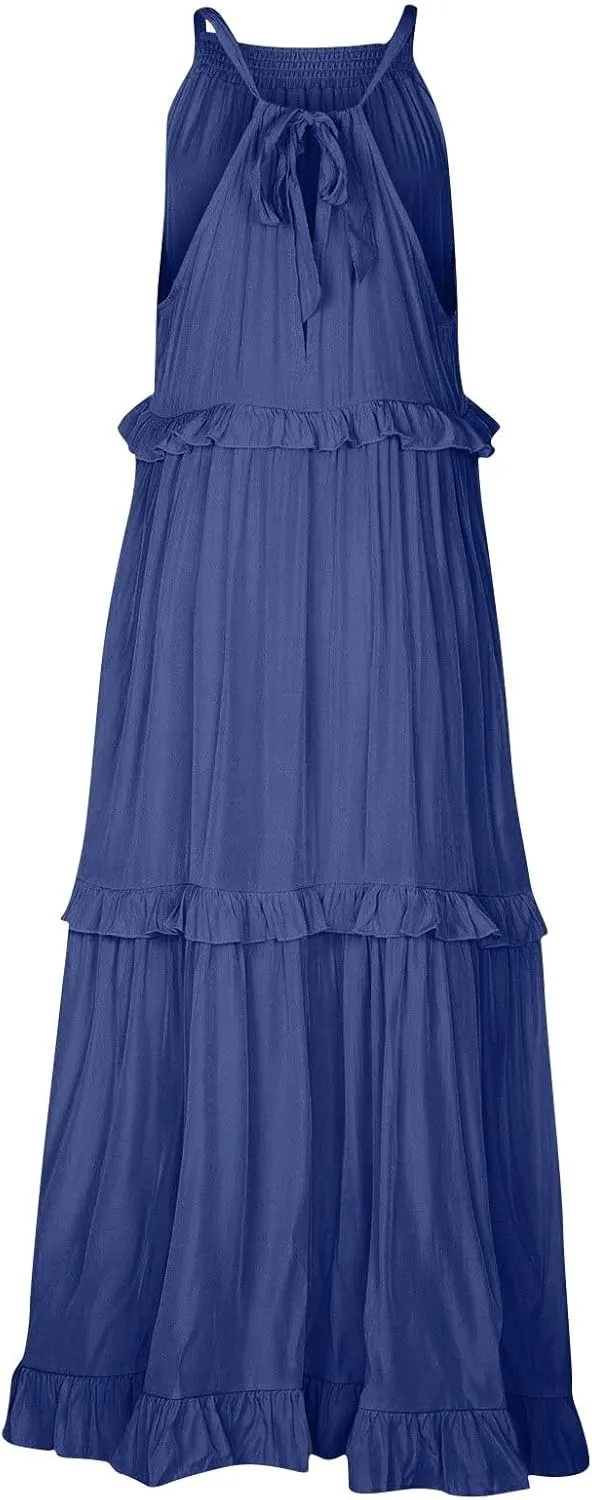 Women's Maxi Dress 2025 Spring Casual Loose Swing Boho Smocked Ruffle Sundress Halter Sleeveless Tiered Beach Dress
