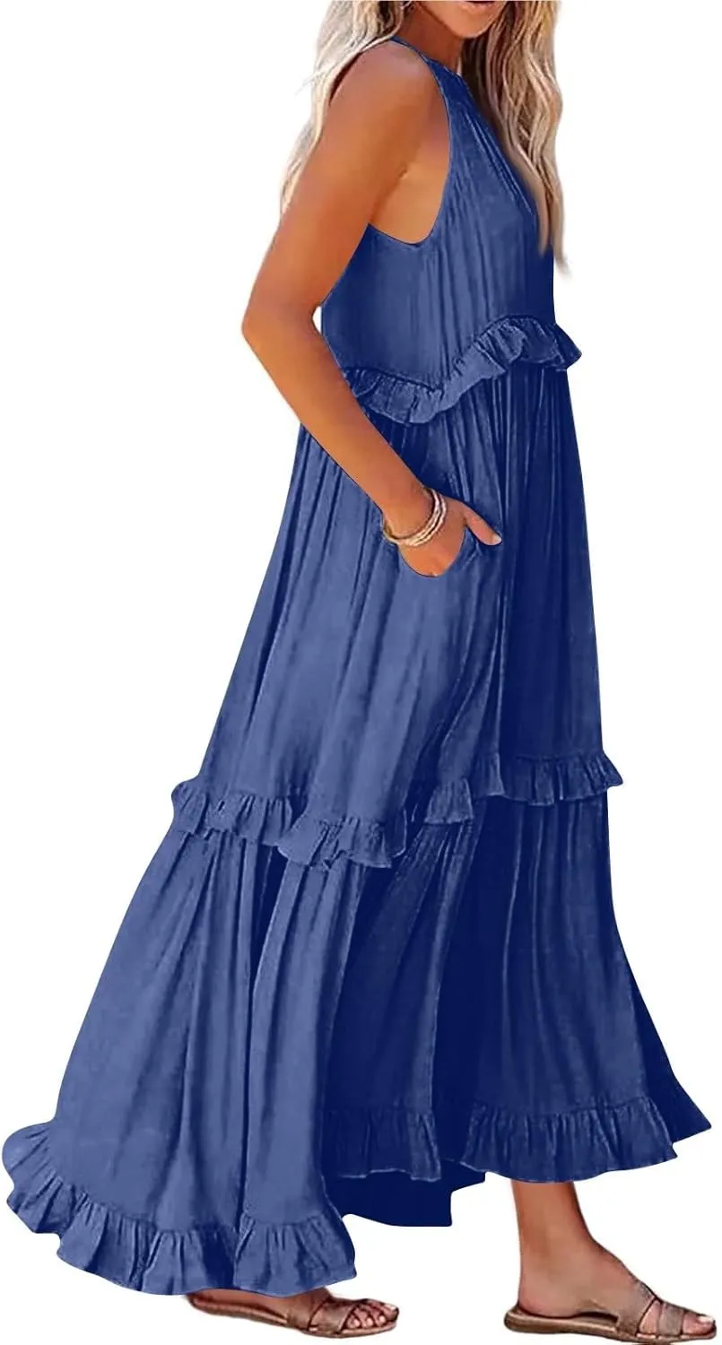 Women's Maxi Dress 2025 Spring Casual Loose Swing Boho Smocked Ruffle Sundress Halter Sleeveless Tiered Beach Dress