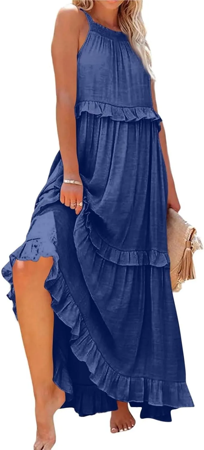 Women's Maxi Dress 2025 Spring Casual Loose Swing Boho Smocked Ruffle Sundress Halter Sleeveless Tiered Beach Dress