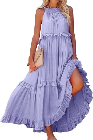 Women's Maxi Dress 2025 Spring Casual Loose Swing Boho Smocked Ruffle Sundress Halter Sleeveless Tiered Beach Dress