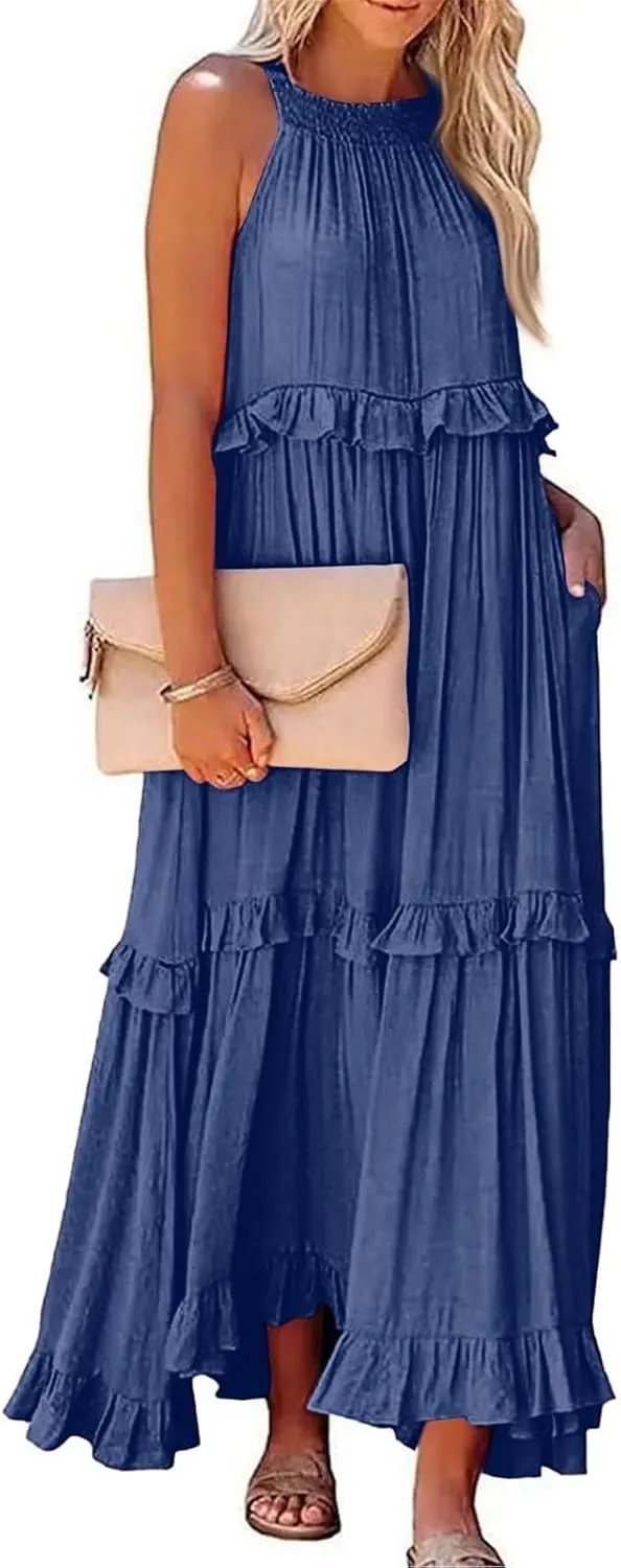 Women's Maxi Dress 2025 Spring Casual Loose Swing Boho Smocked Ruffle Sundress Halter Sleeveless Tiered Beach Dress