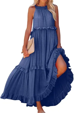 Women's Maxi Dress 2025 Spring Casual Loose Swing Boho Smocked Ruffle Sundress Halter Sleeveless Tiered Beach Dress
