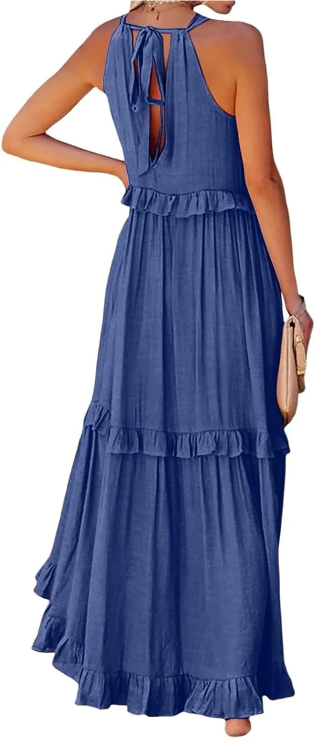 Women's Maxi Dress 2025 Spring Casual Loose Swing Boho Smocked Ruffle Sundress Halter Sleeveless Tiered Beach Dress