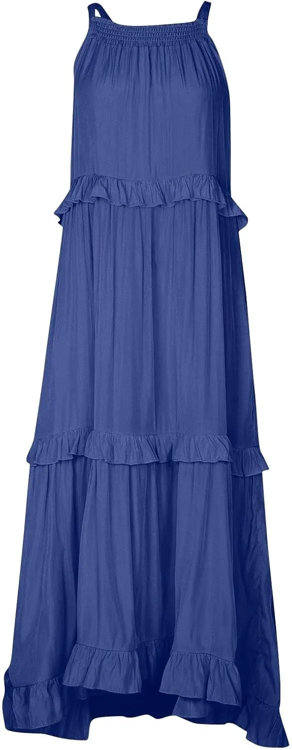 Women's Maxi Dress 2025 Spring Casual Loose Swing Boho Smocked Ruffle Sundress Halter Sleeveless Tiered Beach Dress