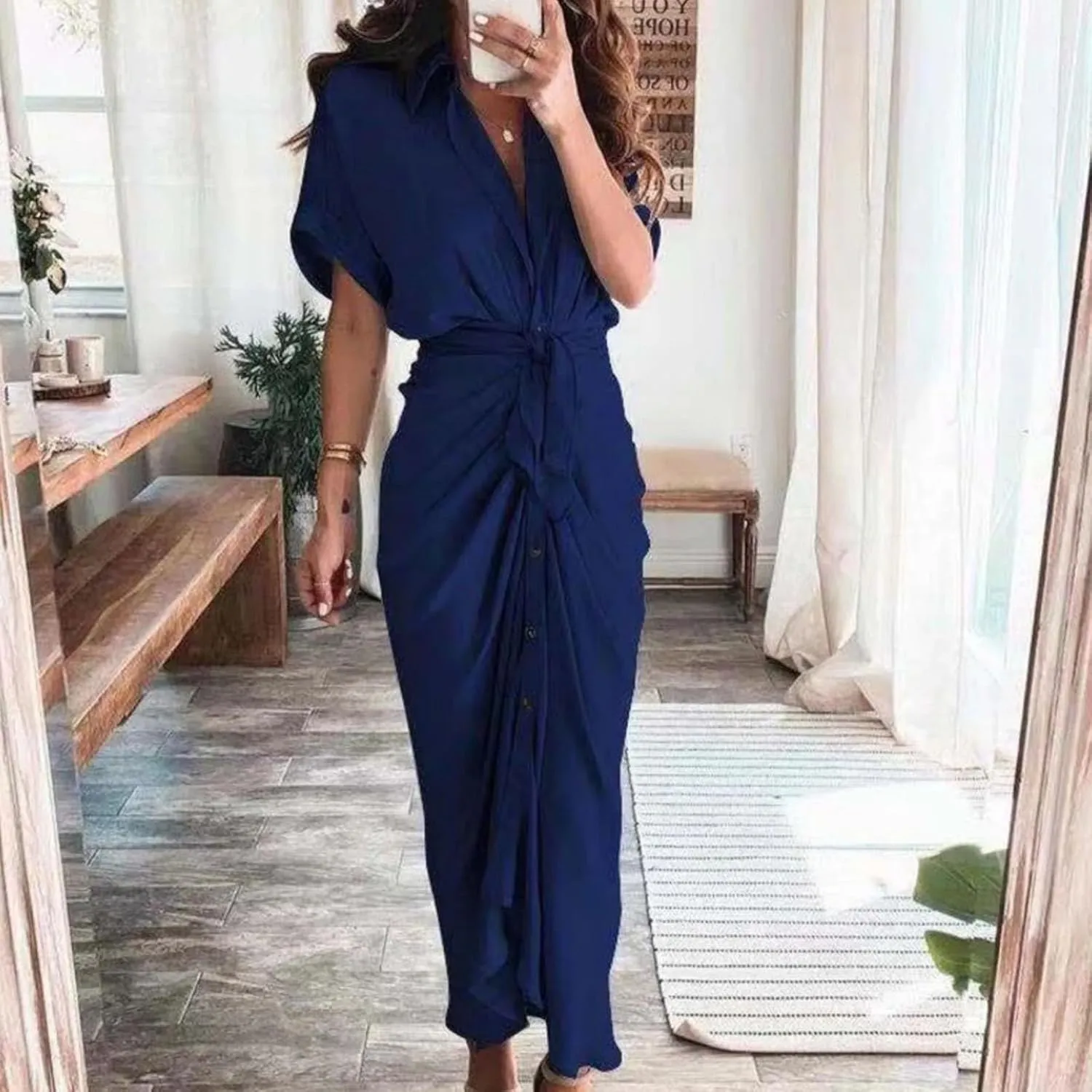 Womens Ruched Shirt Dresses Elegant Button Down Dress Summer Lapel V Neck Short Sleeve Maxi Dresses with Belt