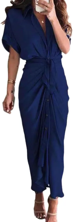 Womens Ruched Shirt Dresses Elegant Button Down Dress Summer Lapel V Neck Short Sleeve Maxi Dresses with Belt