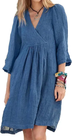 Women's Short Sleeve Tunic Dress V Neck Linen Loose Half Sleeve Pleated Cute Casual Dresses Solid Vacation Boho Dress