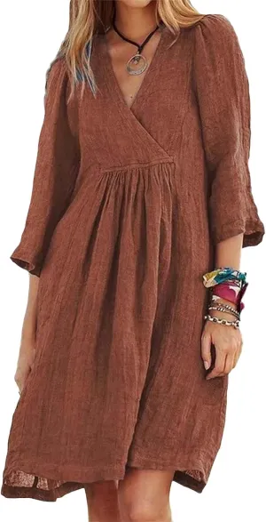 Women's Short Sleeve Tunic Dress V Neck Linen Loose Half Sleeve Pleated Cute Casual Dresses Solid Vacation Boho Dress