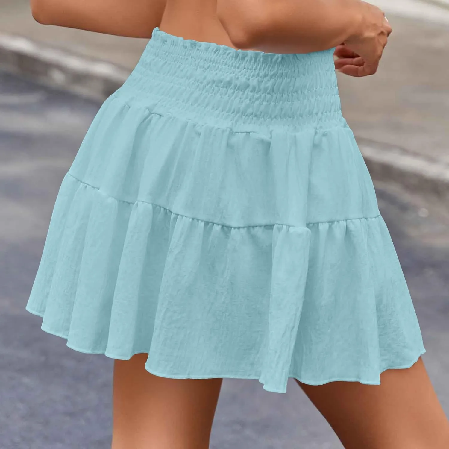 Womens Summer Skirts High Waisted Ruffle Mini Skirt Flowy A Line Skirt Pleated Elastic Waist Skirts Vacation Clothes