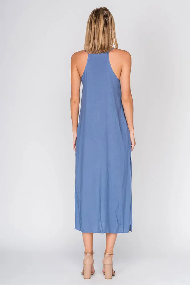Woven Button Down Midi Dress with Slits