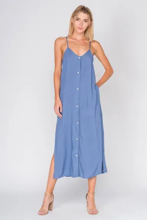 Woven Button Down Midi Dress with Slits